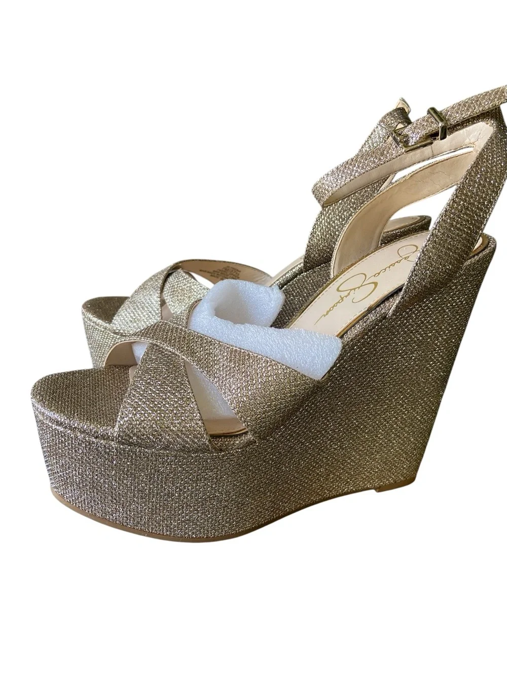 Jessica Simpson Prena Gold Platform Wedge Sandals Size 7 NWOT Glam Cocktail Fun